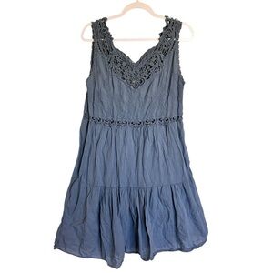 Slate Blue Boho Cotton Tiered Midi Summer Dress - M